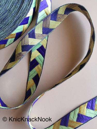 Purple / Fuchsia Pink, Green And Gold Embroidered Trim, Geometric Pattern